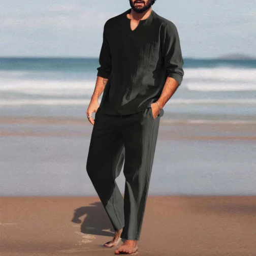 Crafted from premium cotton-linen blend, this loose-fitting two-piece set includes a solid color long sleeve