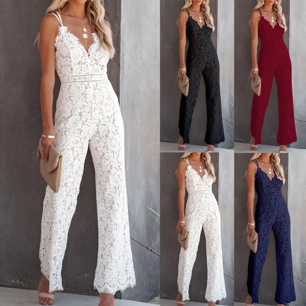 Elegant Solid Lace Jumpsuits Women Sleeveless Romper High Waist