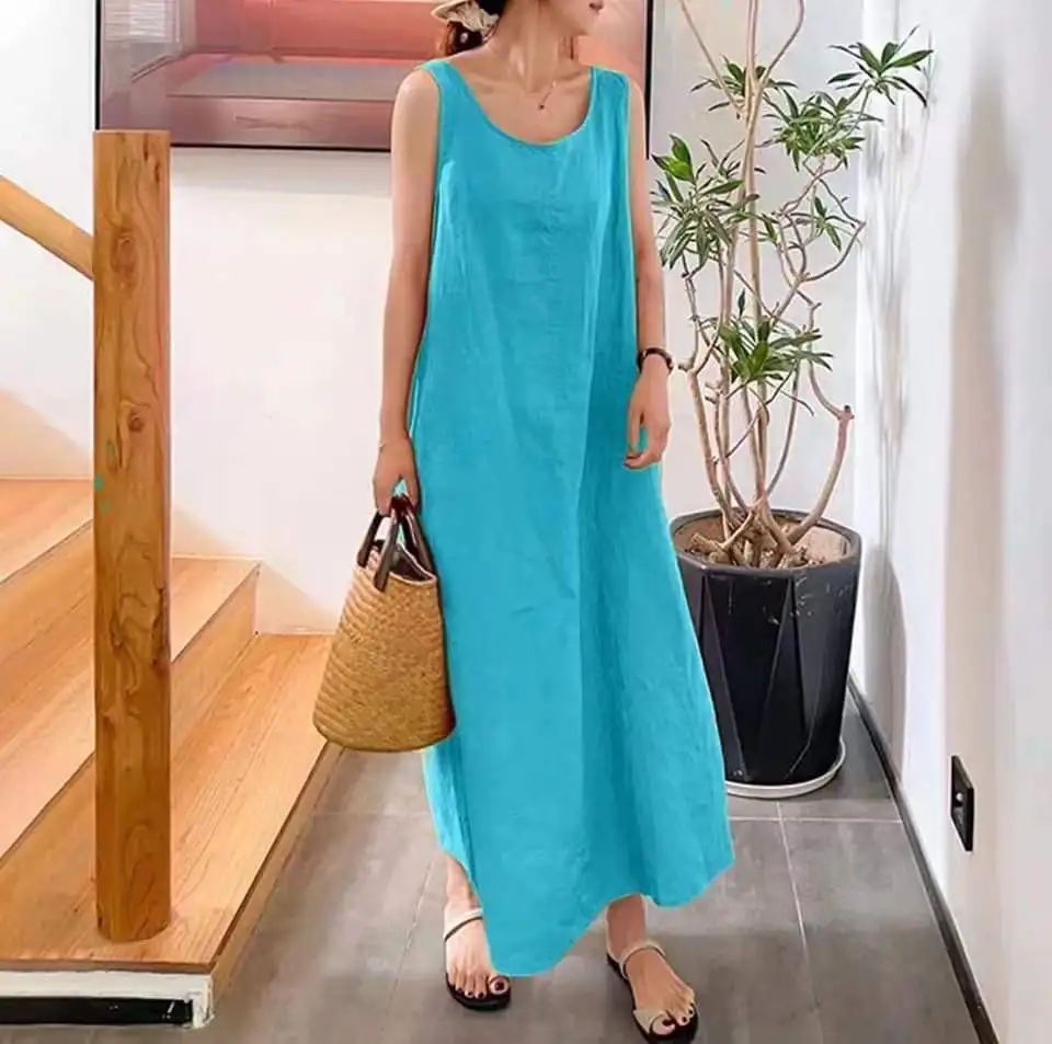 Casual Loose Cotton Linen Dress Homewear Pocket Round Neck Sleeveless Dress