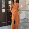 Cotton Linen Fabric Chic Sleeveless & Pants Suit Two-Piece