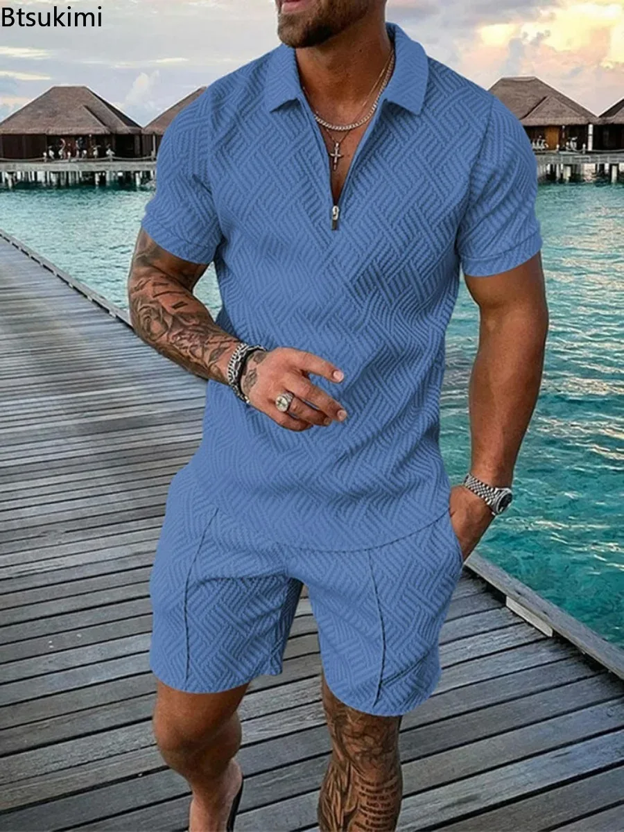 Men’s Solid Color Lapel Shirt Shorts Set