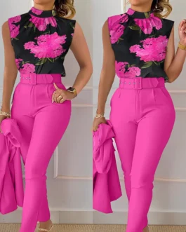 Women’s Two Piece Set  Top & Pants Set With Belt