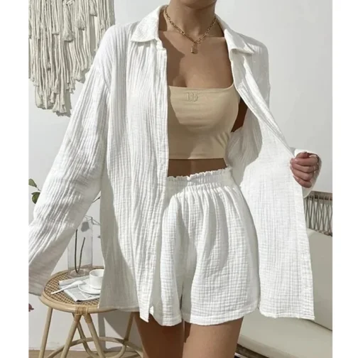 Women 2 Pieces Long Sleeve Shirts And Loose High Waist Mini Shorts Sets