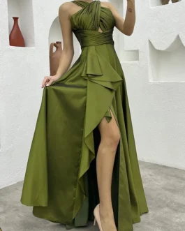 Elegant Sleeveless Ruffles Slit Dress