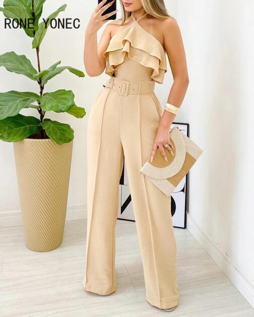 This sexy ensemble combines elegance and trendiness, perfect for any occasion. The halter neckline and cascading ruffles add a touch of sophistication, while the belted pants ensure a flattering fit that accentuates your silhouette