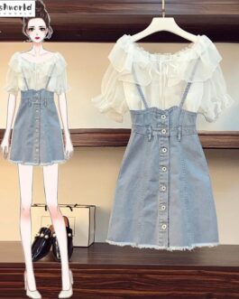 Women’s Summer Slim Fashion Chiffon Shirt & Denim Skirt Set