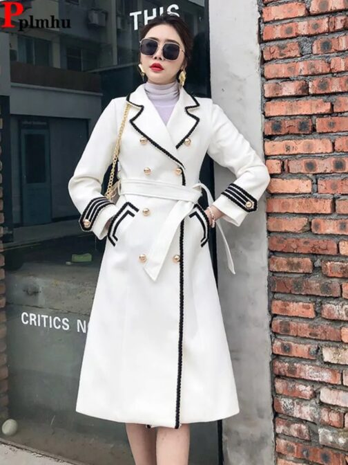 Designed for women with a refined taste, this high-grade coat features a classic double-breasted front and a sophisticated white and black line pattern