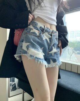 Women’s Denim Ripped Star Print Shorts