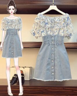 Women’s Summer Slim Fashion Chiffon Shirt & Denim Skirt Set