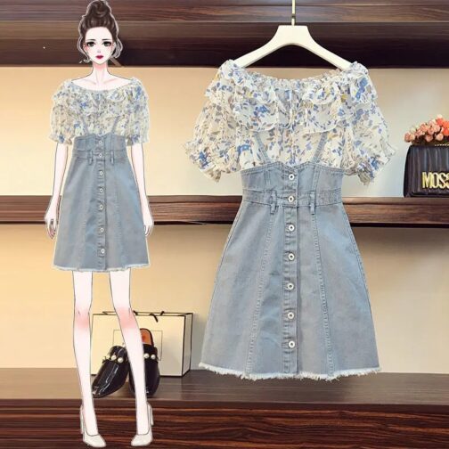 The slim design of the chiffon shirt offers a flattering fit, while the denim suspender dress adds a touch of casual elegance 1