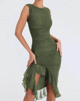 Women’s Elegant Ruffle Ruched Midi Dress