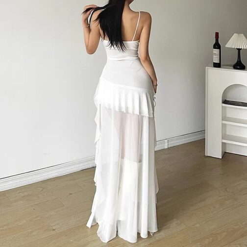 This sleeveless long dress features a unique high-low hemline and delicate mesh ruffle detailing, offering a blend of elegance and edginess 3