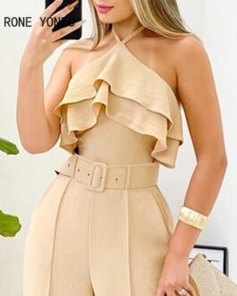 Women’s Elegant Ruffle Hem Sleeveless Pants Sets Party Attire