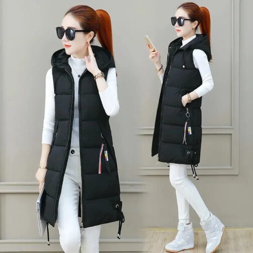 New Autumn Winter Women Long Parkas Vest Warm Hooded Down Coat Parka Ladies Sleeveless Waistcoat Jacket Outwear: