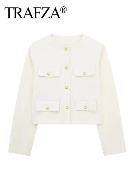 This long sleeve, O-neck jacket features sophisticated metal buttons, adding a touch of glamour to its sleek design. 4