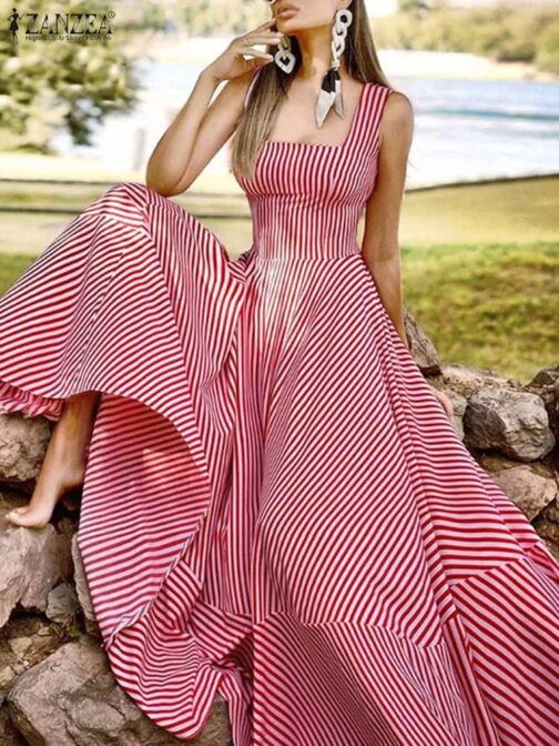 This chic, striped sleeveless maxi dress combines bohemian charm with modern sophistication, making it ideal for any summer occasion