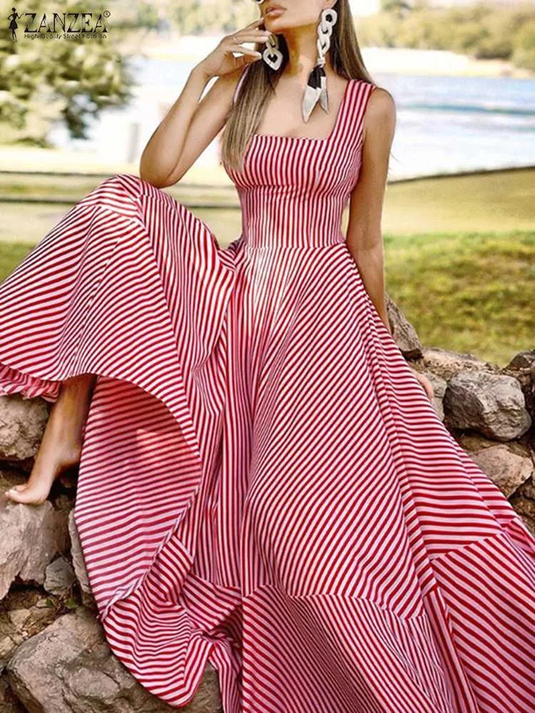 This chic, striped sleeveless maxi dress combines bohemian charm with modern sophistication, making it ideal for any summer occasion