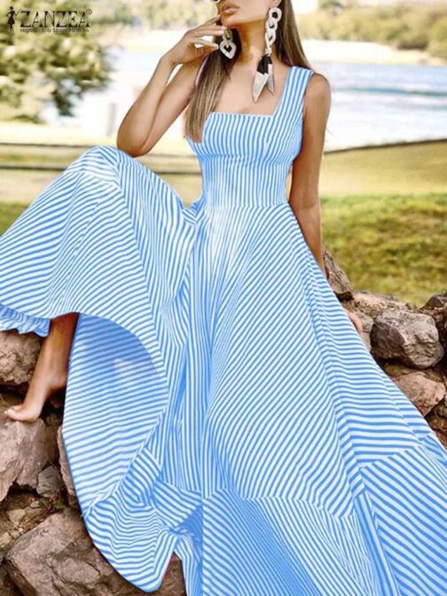 This chic, striped sleeveless maxi dress combines bohemian charm with modern sophistication, making it ideal for any summer occasion 2