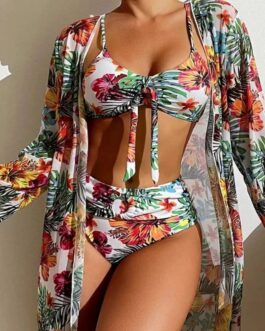 Women’s High Waisted Bikini Three Pieces Floral Printed Swimsuit