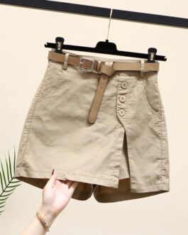 Women’s 100% Cotton Shorts Korean Casual Patchwork Belt Pockets