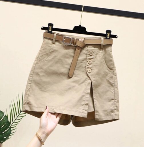 Women’s 100% Cotton Shorts Korean Casual Patchwork Belt Pockets