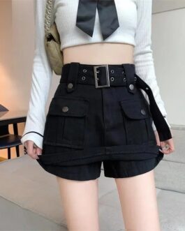 Women’s Safari Style  Denim Pantskirt High-waist Short