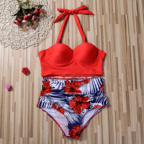 This high-waist swimsuit features a stunning flower print, perfect for showcasing your feminine charm on the beach or by the pool 9