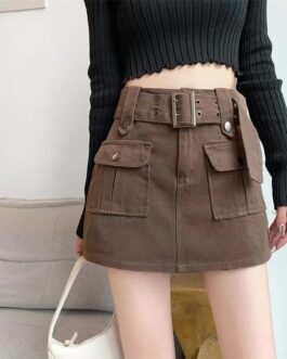 Women’s Safari Style  Denim Pantskirt High-waist Short