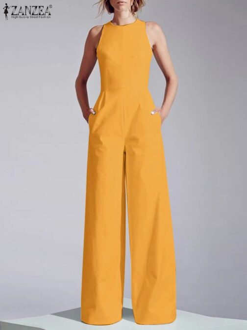 Stay effortlessly chic with our Summer Wide Leg Pant Playsuit, designed for the modern office lady. This sleeveless jumpsuit features a flattering waisted design that accentuates your figure, while the wide-leg silhouette offers both comfort and style. Crafted for versatility, it’s perfect for casual days, office wear, or evening outings. The tank-style top provides a sleek, minimalist look, while practical side pockets add a functional touch. Made from lightweight, breathable fabric, this long jumpsuit keeps you cool and elegant throughout the day. Whether you’re at the office or out for a casual lunch, this playsuit delivers a polished, professional look with ease. Elevate your summer wardrobe with this must-have elegant jumpsuit! The tank-style top provides a sleek, minimalist look, while practical side pockets add a functional touch. 1