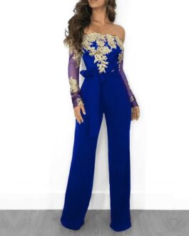 Women’s Sexy Off Shoulder Slash Neck Long Sleeve Elegant Wide Leg Pants Jumpsuit