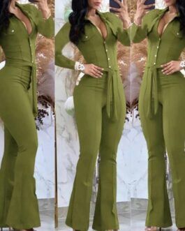 Women’s Fashion Button Casual Long Sleeve Skinny Bootcut Jumpsuit