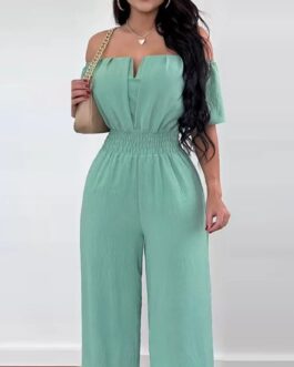 Women’s Sexy One Line Shoulder Solid Color Short Sleeve Jumpsuit