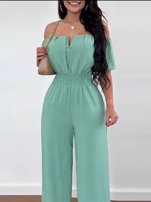 This chic jumpsuit features a trendy one-line shoulder and short sleeves for a sleek, modern look 1