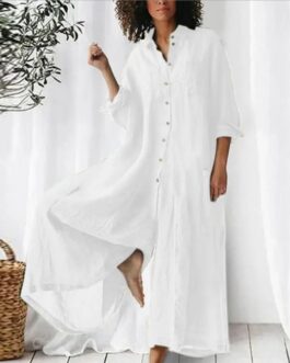 Women’s Casual Spring  Collar Loose Cotton Linen Wide Legs Jumpsuits