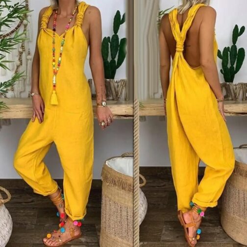 Featuring a trendy backless design and adjustable knotted straps, this versatile jumpsuit offers both comfort and style for everyday wear 1