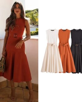 Women’s Dresses  New Chic Slim O-neck Belt Elegant Party Dress Attire