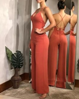  Women’s Sexy Jumpsuit  Spring Summer V Neck Plain Color