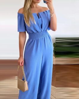 Women’s Sexy One Line Shoulder Solid Color Short Sleeve Jumpsuit