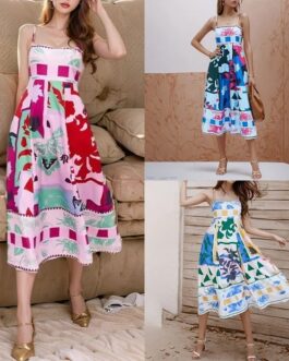 Women’s Sleeveless High Waist Printed Long Strap Dress