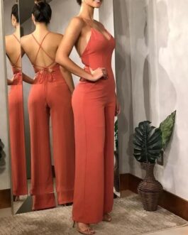  Women’s Sexy Jumpsuit  Spring Summer V Neck Plain Color