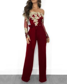 Women’s Sexy Off Shoulder Slash Neck Long Sleeve Elegant Wide Leg Pants Jumpsuit