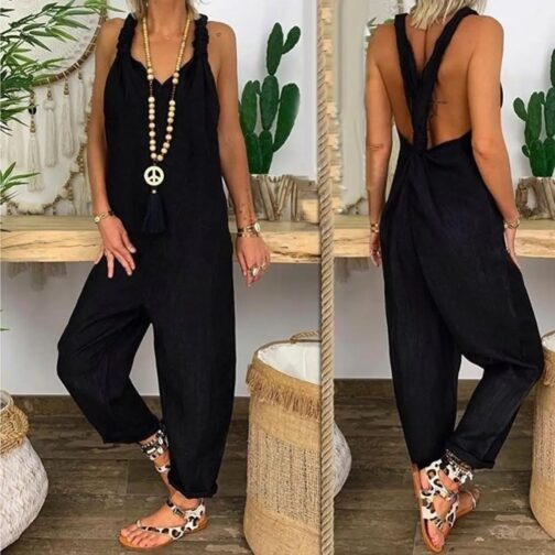 Featuring a trendy backless design and adjustable knotted straps, this versatile jumpsuit offers both comfort and style for everyday wear