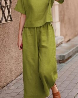 Women’s Short Sleeve Shirt Wide Leg Pants Set