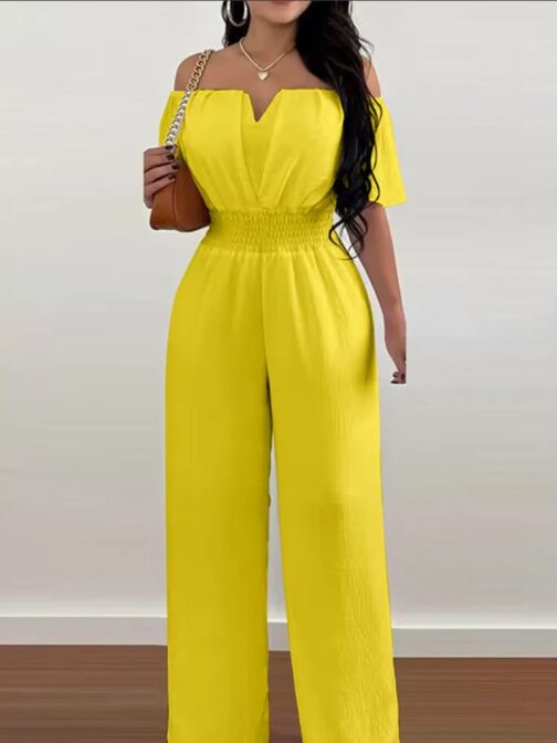 This chic jumpsuit features a trendy one-line shoulder and short sleeves for a sleek, modern look 4