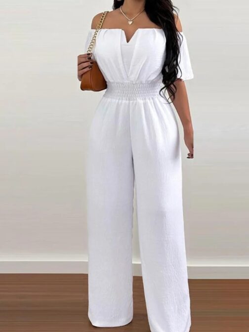 This chic jumpsuit features a trendy one-line shoulder and short sleeves for a sleek, modern look 5