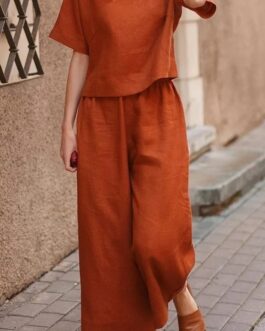 Women’s Short Sleeve Shirt Wide Leg Pants Set