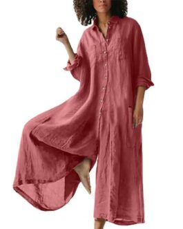 Women’s Casual Spring  Collar Loose Cotton Linen Wide Legs Jumpsuits