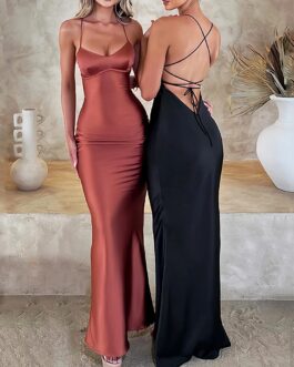 Women’s Elegant Evening Satin Backless Strappy Waist Long Dress