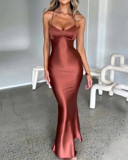 Women’s Elegant Evening Satin Backless Strappy Waist Long Dress