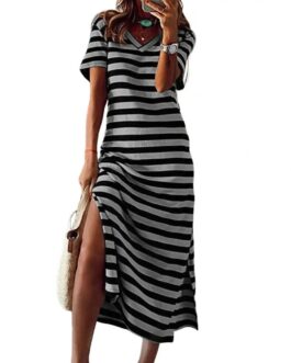 Women’s Casual Stripe Print V-neck Short Sleeve Loose Long Dress